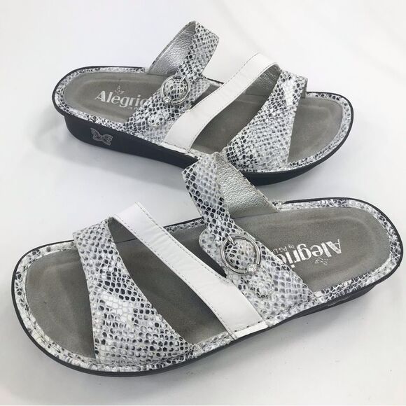 Alegria COLETTE White Metallic Silver Reptile Strappy Support Slide Sandals - Picture 4 of 16